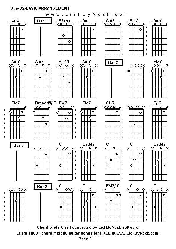 Chord Grids Chart of chord melody fingerstyle guitar song-One-U2-BASIC ARRANGEMENT,generated by LickByNeck software.